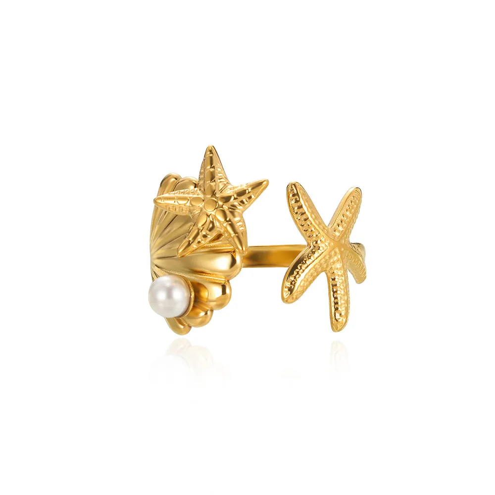Stainless Steel Starfish Conch Open Rings Personality Shell Gold Color Rings Elegant Punk Vintage Jewelry Gifts For Women Bague