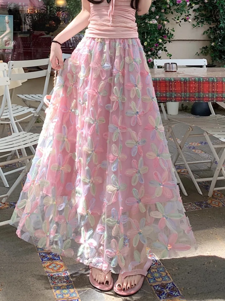 

Women's summer new French style heavy industry high-Waist color-blocking floral embroidery sequin mesh umbrella skirt
