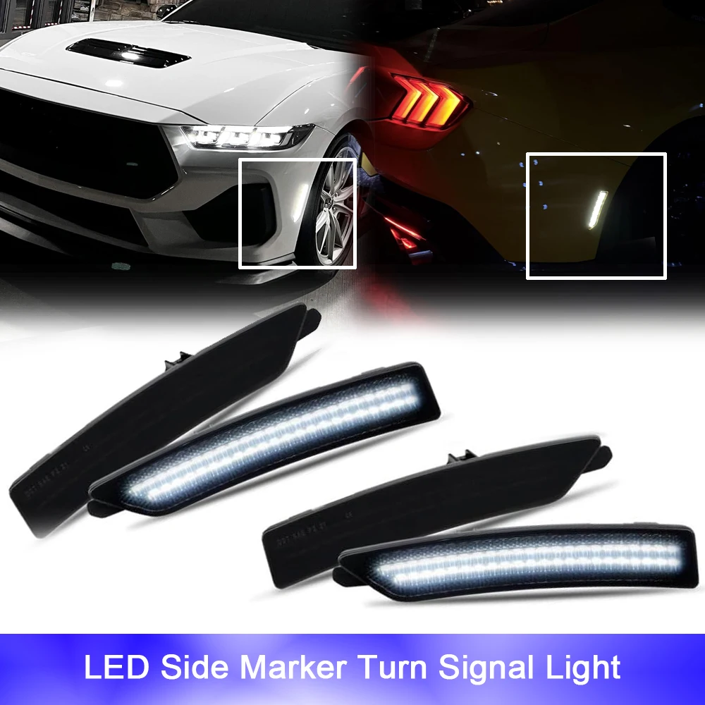 

4pcs Front Rear Smoked LED Side Marker Indicator Stop Signal Light for Ford Mustang 2024-up S650 Auto Fender Lamp White