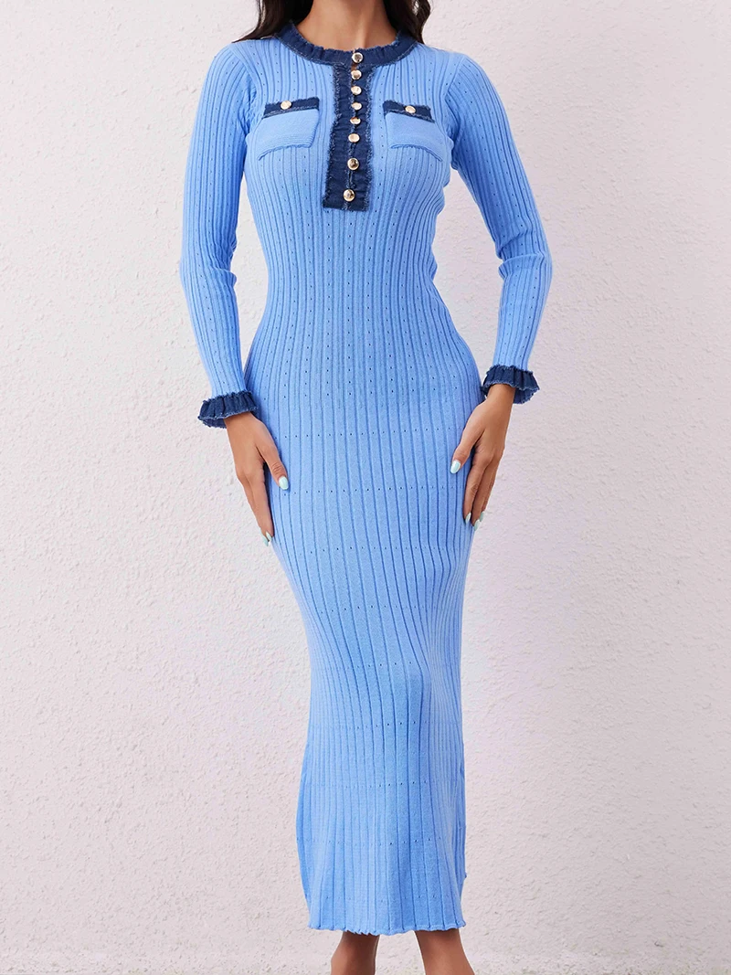 Elegant Winter Knitted Long Sweater Dress Black White Blue Ribbed Sexy Bodycon Knitted Long Sleeve Sweater Dress For Women 2024