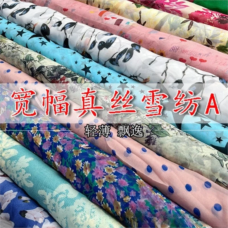 

140cm-width printed silk chiffon fabric light and thin Summer dress sun-protective clothing scarf