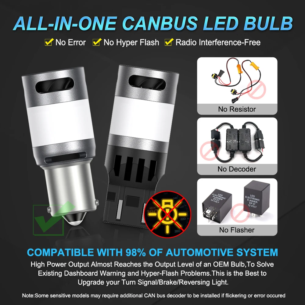 2 szt. T20 WY21W 7440 Bau15s PY21W Bursztynowo-Żółta 1156 BA15S P21W Canbus LED Żarówka Kierunkowskazu Anty-Hyper Flash Lampka Sygnalizacyjna — zdjęcie 5