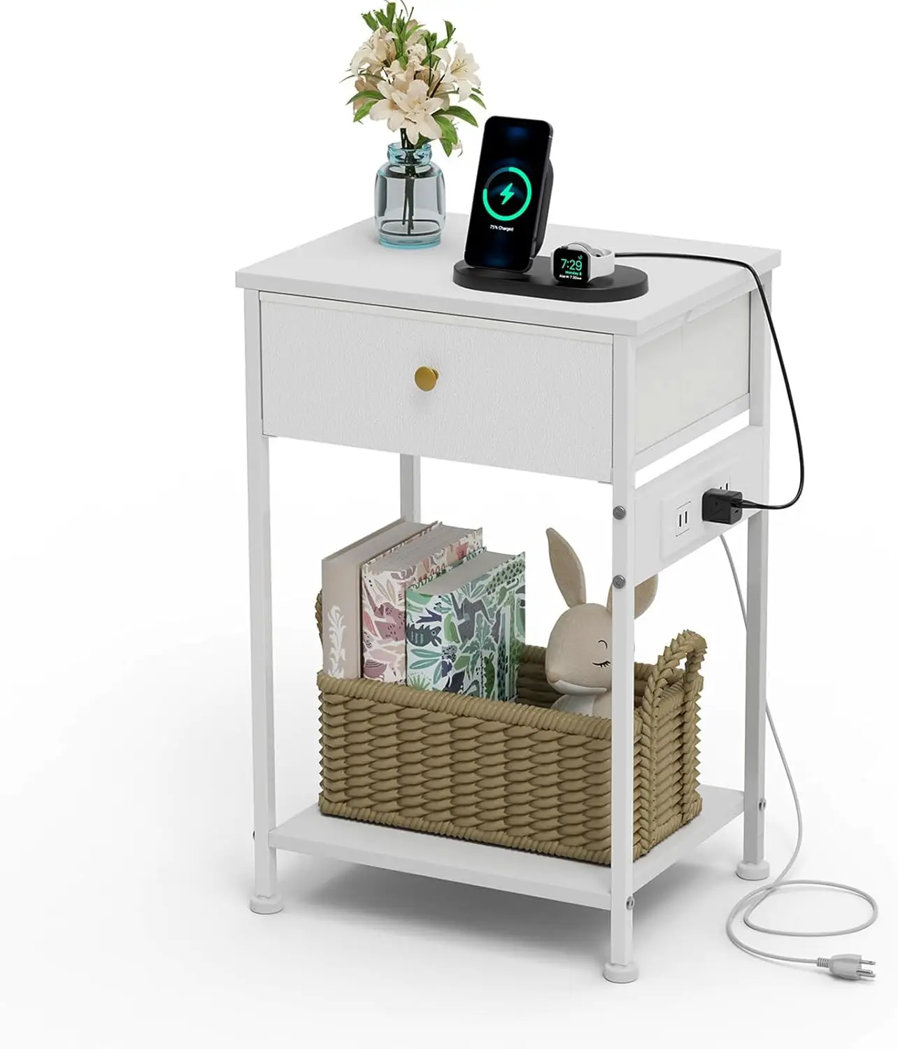 White Nightstand Charging Station Removable Drawer Shelving-Wood Top Bedroom Nursery Living Room End Table - Sturdy Steel Frame