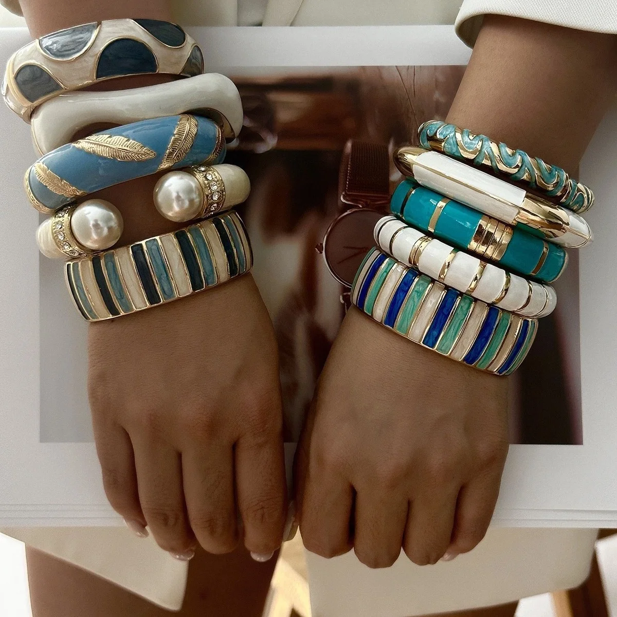KMVEXO 10 Style Bohemian Blue Enamel Bangles for Women Feather Imitation Pearl Inlaid Zircon Striped Bracelet Party Jewelry Gift