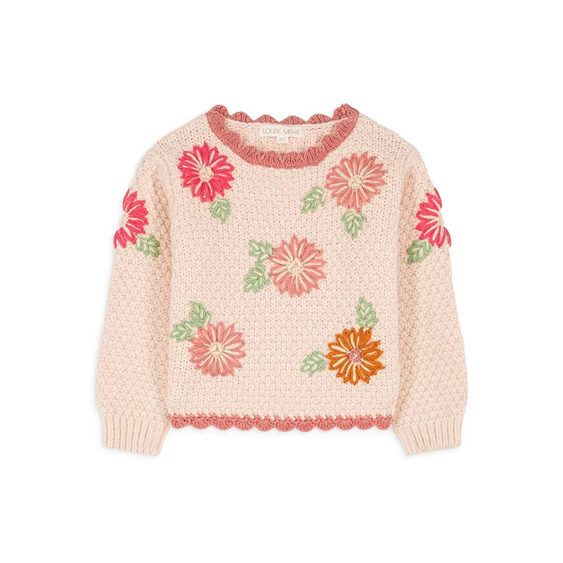 Flower-shaped Pullover Sweater for Children - Flower Wool Blend Thick Sweater for Girls with Hand-Embroidered Floral Design