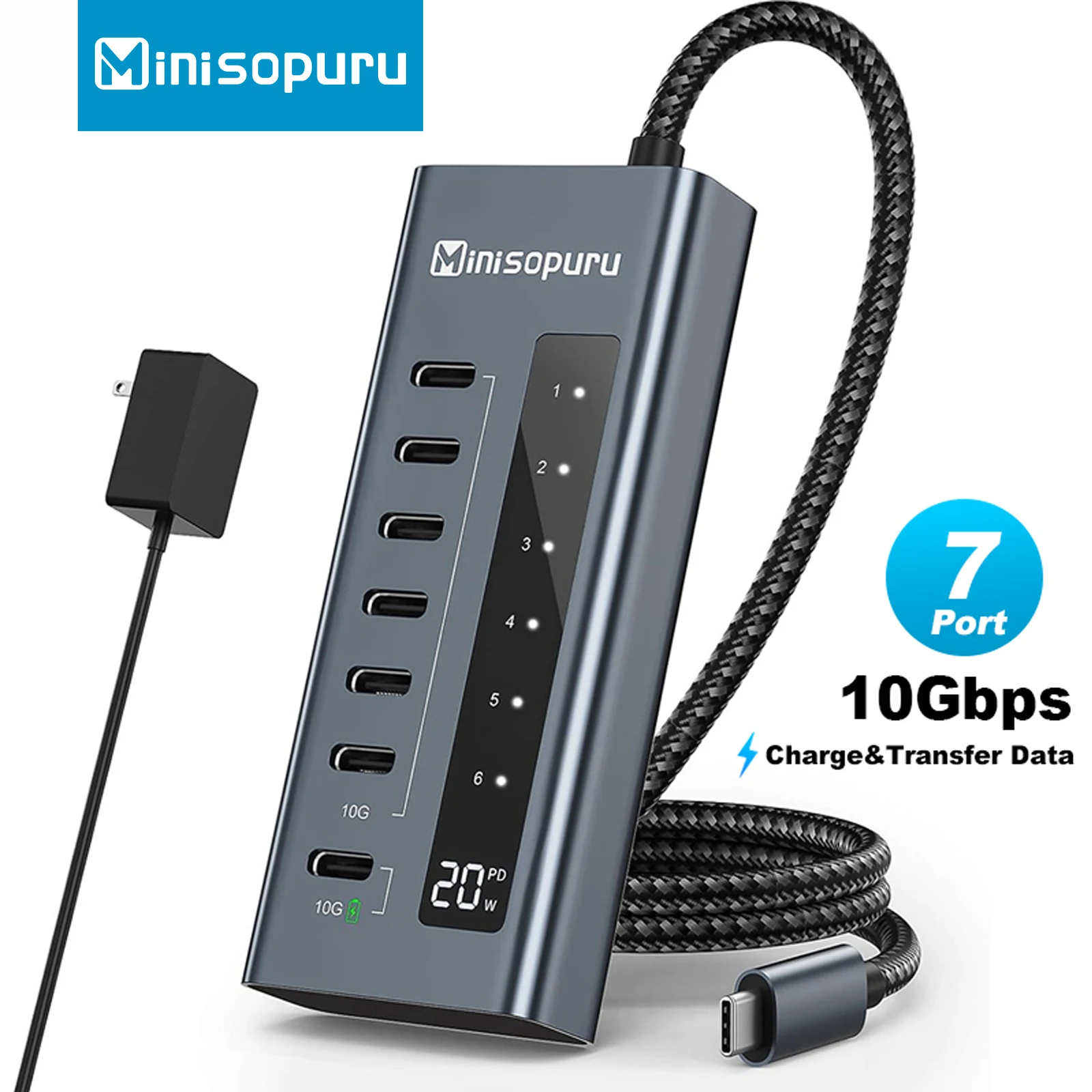 

Minisopuru Powered USB C Hub Support 10Gbps Data & 20W Fast Charging for MacBook Pro Air iMac iPad Phone Type-C Devices USBC Hub