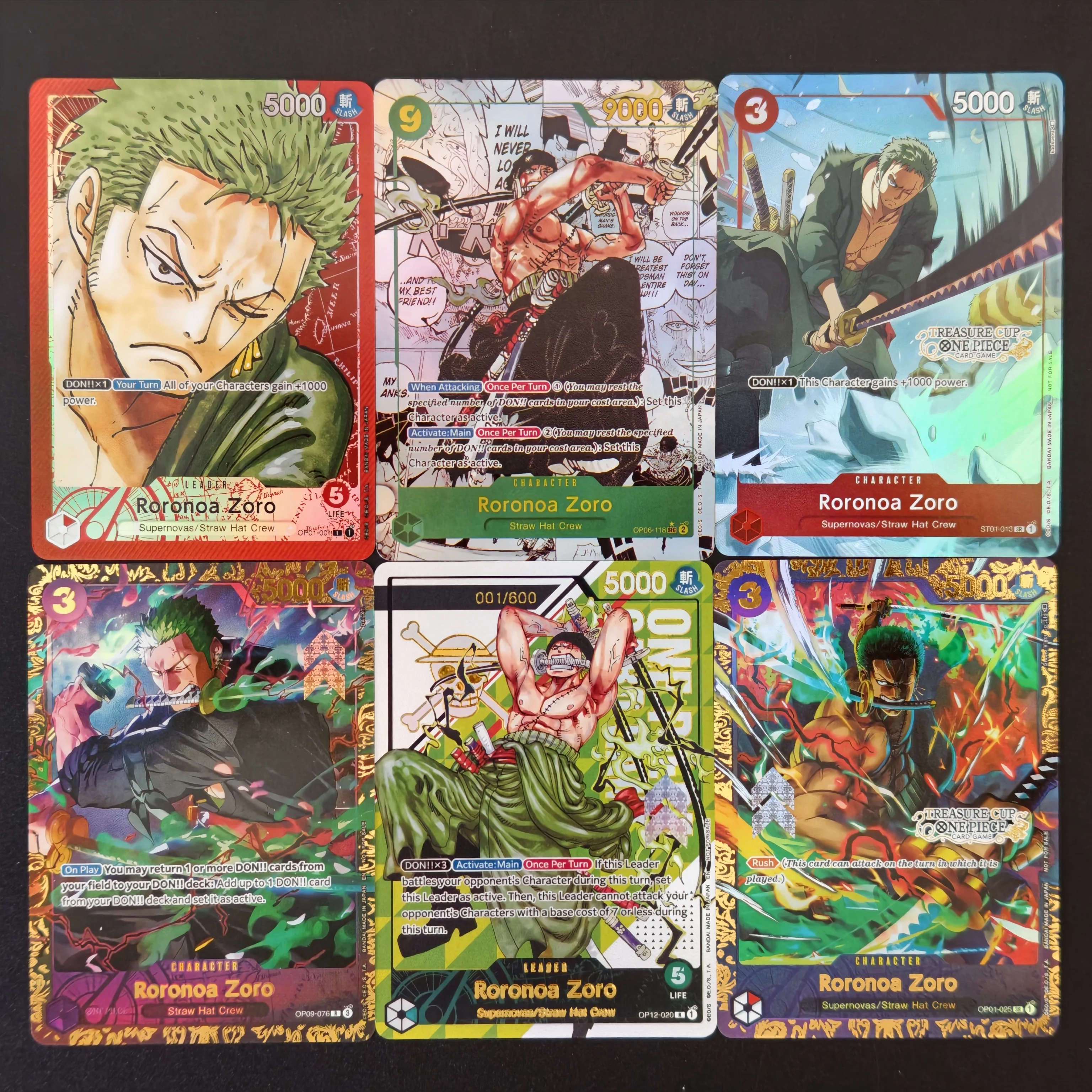 DIY Hot TCG One Piece Straw Hat Crew TREASURE CUP Roronoa Zoro Gold Foil Holo Flash Game Collectible Cards