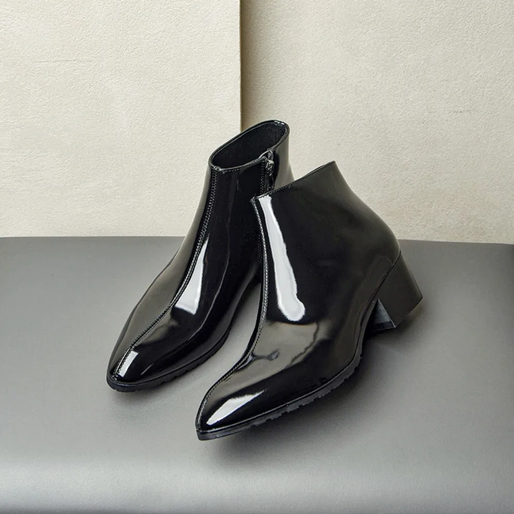 Men's High-Top Leather Shoes Men's Height-Increasing British Chelsea Boots Short Boots Patent Leather Business Casual Men's Boot