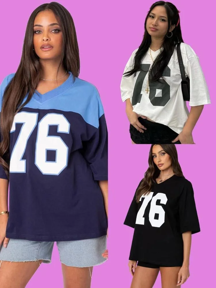 

Street Sle Spor ort Sve V-Ne T-irt ex Cotton Casual Versatile Digital Print Comfortable Breathable for Summer