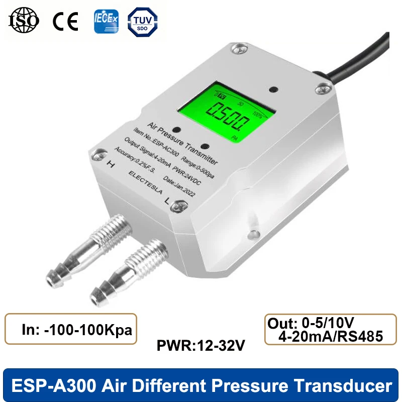 LCD Gas Wind Pressure Transmitter Output RS485 4-20mA 0-5/0-10V Differential Pressure Negative Pressure -100-0-100Kpa DC12/24V