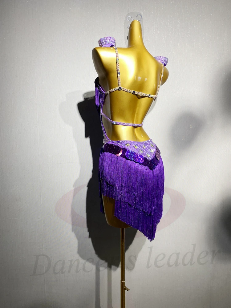 Vestido de baile latino AB Stone para mujer, adulto, niños, de gama alta, personalizado, lentejuelas moradas, correa de borla, negro, piscina, Samba, actuación