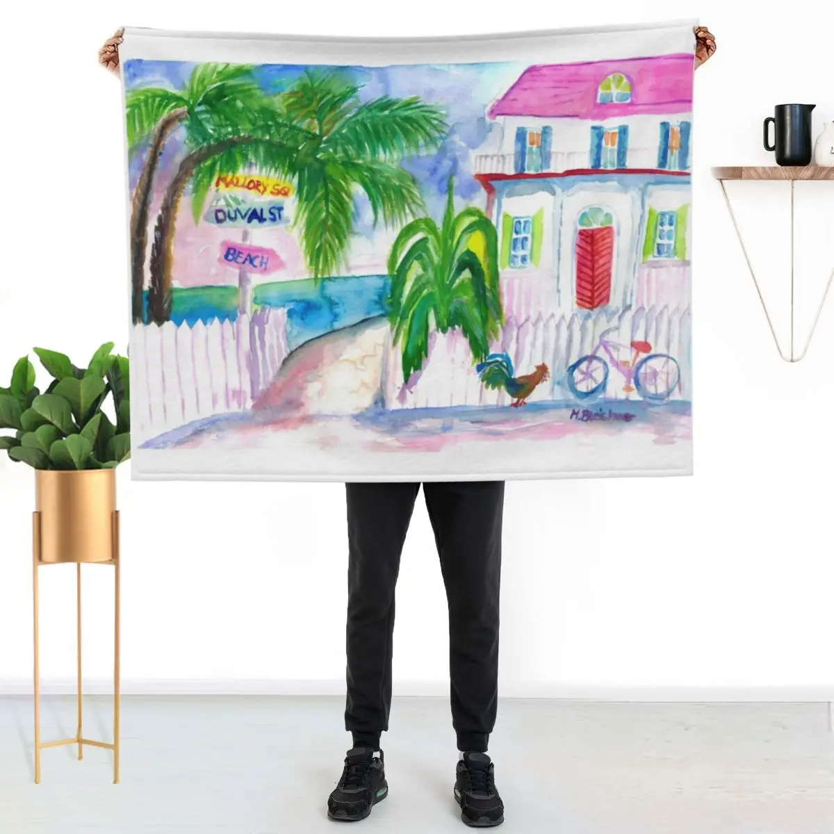 

Key West Pink House and Signpost with Bike Throw Blanket Machine Washable Soft Warm Blanket