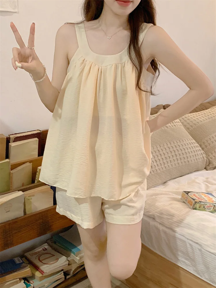 

Solid Simple Sleeveless Korean Style Coolness Summer Soft Pajama Set Women Strapless Kawaii Holiday Casual NightDress Sweet Ins