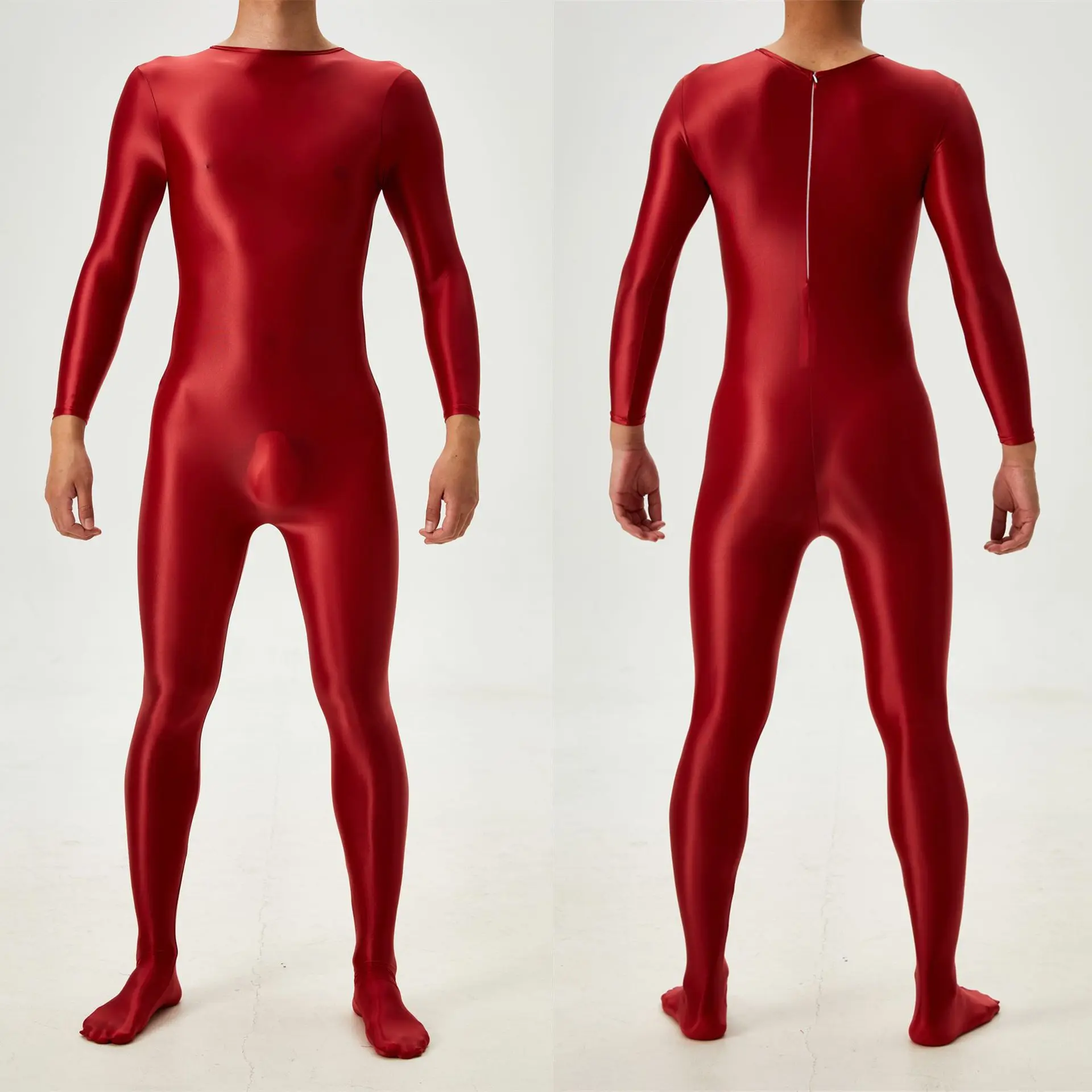 Glossy Sexy Transparent Mens Jumpsuit Zentai Suit Lingerie Long Sleeve Tights Fitness Bodysuit Costume