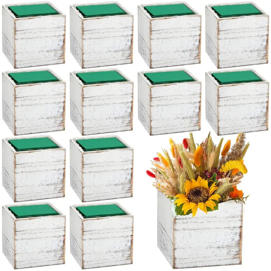 

12 Sets Wooden Cube Planter Boxes for Centerpiece 4 Inch Flower White Wood Rustic Square Vase with Removable Plastic Liner Flora