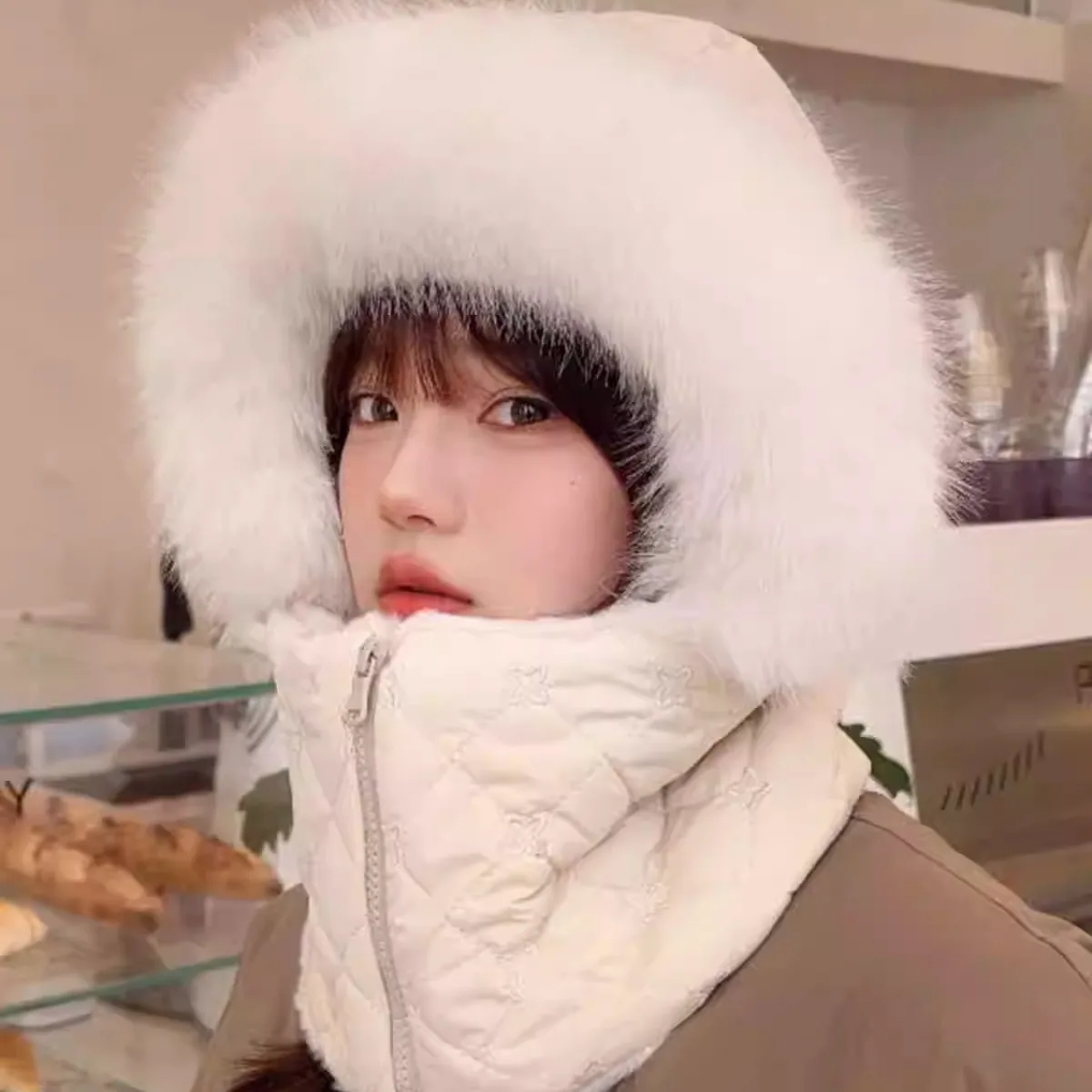 Women' S Autumn and Winter Korean Version Plus Velvet Warm Scarf Wool Hat Outdoor Cold- Proof Ear Protection One- Piece Cap R230