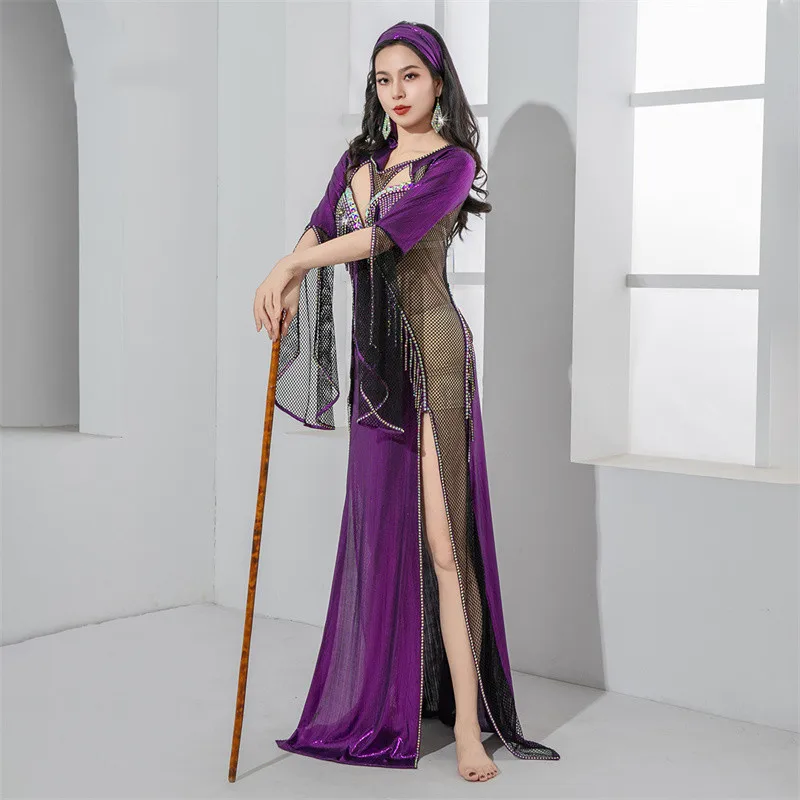 Light Luxury Bellydance Costume Fishnet Rhinestone Decorated Competition Dress Tassel Sexy Saidi Performance Show Clothes Egypt