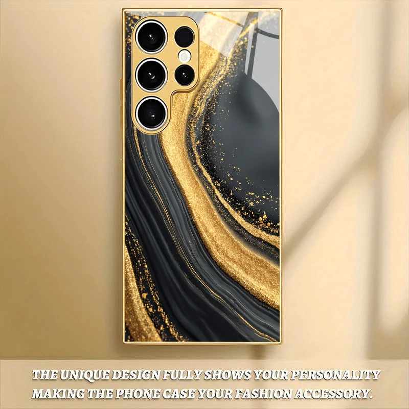 High end business black gold glass phone case suitable for Samsung Galaxy S26 S25 S24 S23 S22 S21 S20 FE/Ultra/Plus hard case