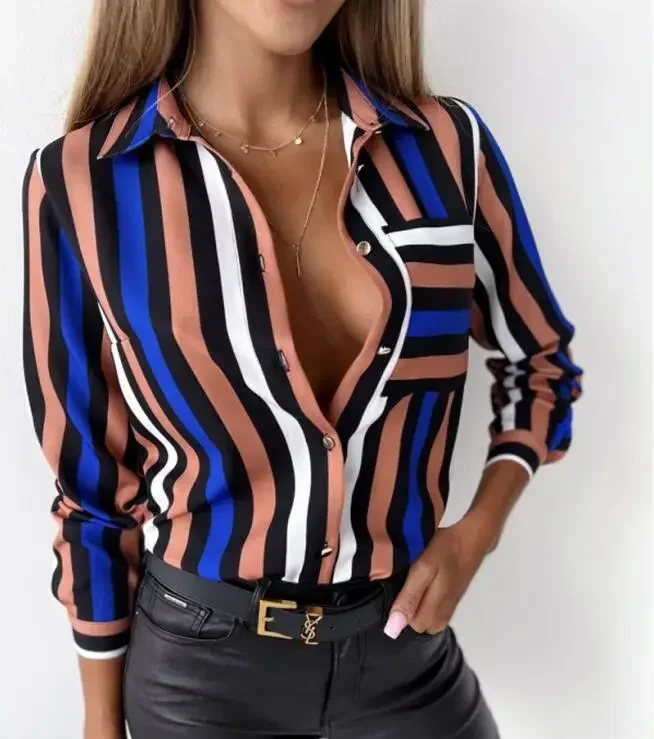 

Women's Geometric Print Shirts, Spring and Autumn Fashionable Long-sleeved Shirts,