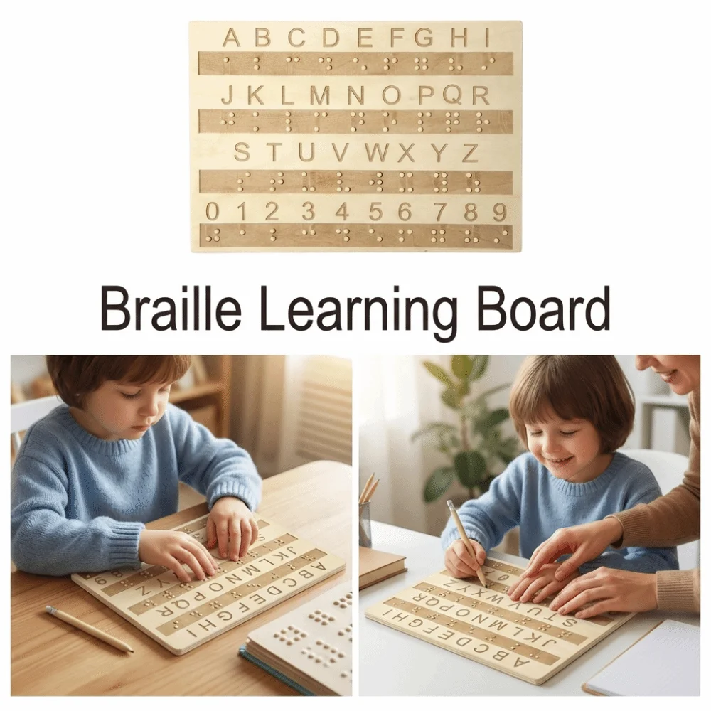 Wooden Braille Alphabet Board Thickened Professional Tactile Letter Number Panel with Raised Dots Portable