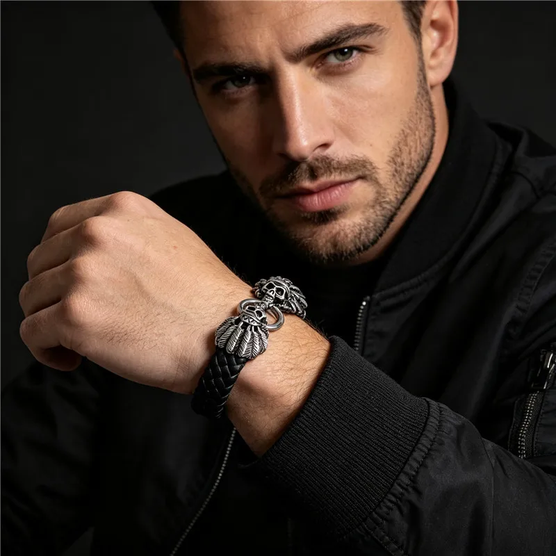 Punk Biker Men Bracelet Stainless Steel Indian Chief Skull Head With Feather Headdress Black Braided Leather Wrist Ornament