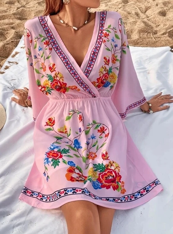 

Elegant Sexy Women's Summer Dress 2024 Fashion Bohemian Vintage Ethnic Style Printed Waist Wrapped Slim Fit Short Holiday Dress