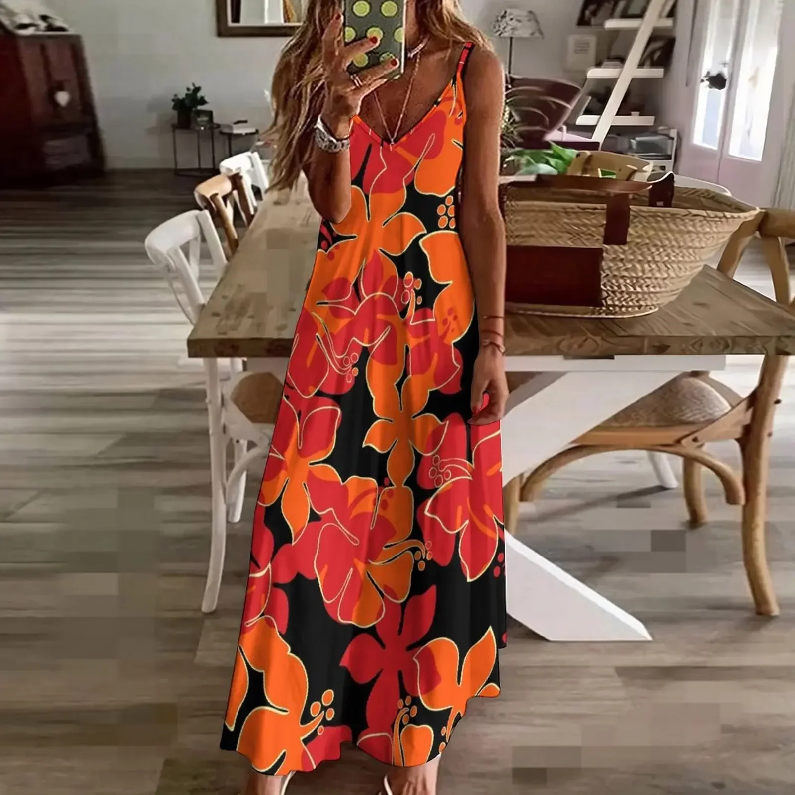 Hanalei-Vestido estampado floral havaiano feminino, camisa Camo Aloha, sem mangas, vermelho, laranja e preto, saia de verão