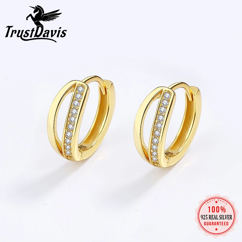 

TrustDavis Real 925 Sterling Silver Sweet 18K Gold Double Layer CZ Hoop Earrings For Women Office Lady Fine 925 Jewelry DG0119