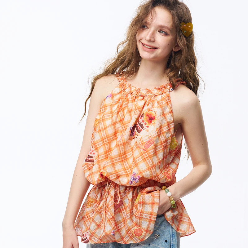 ELFSACK Women's Plaid Sleeveless Chiffon Top with Cake Patch Print, Ruffle Neck Drawstring Hem Loose Casual Blouse for Daily