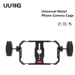 UURIG-Universal Phone Camera Cage com Handgrip, Estabilizador, Suporte para iPhone 15, 14, 13, Andriod Mic, Luz LED, Cinema, Vídeo