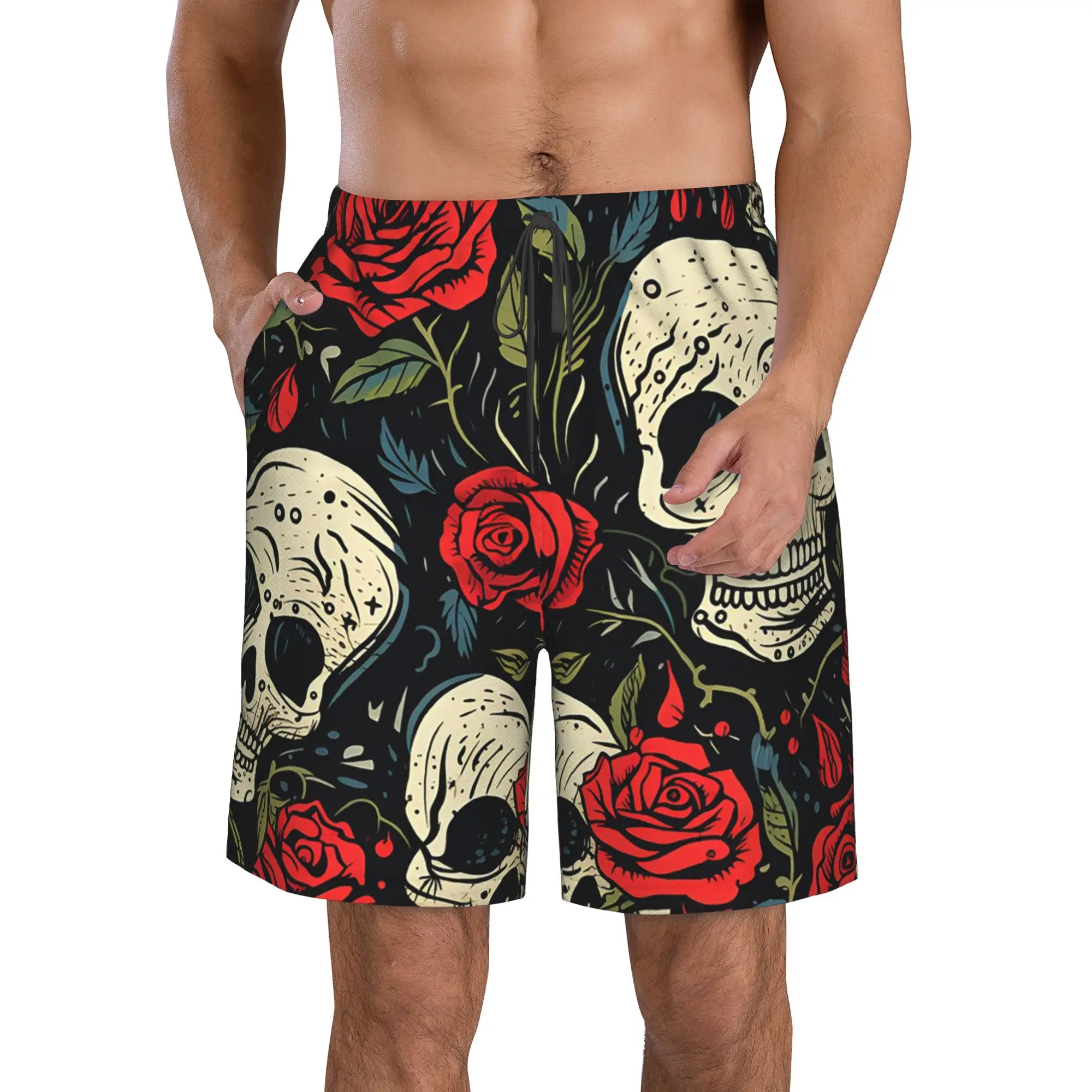 Vintage Skulls & Roses Pattern Trunks Beach Board Shorts Casual Quick Dry Swim Summer Men Pants