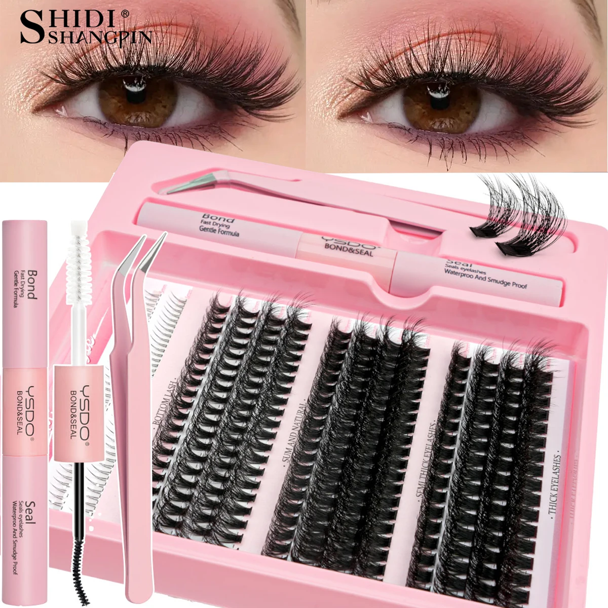 SHIDISHANPIN العنقودية رمش عدة رموش فردية لتقوم بها بنفسك لاش تمديد مجموعة العنقودية جلدة مع السندات وختم مزيل الصمغ الملقط