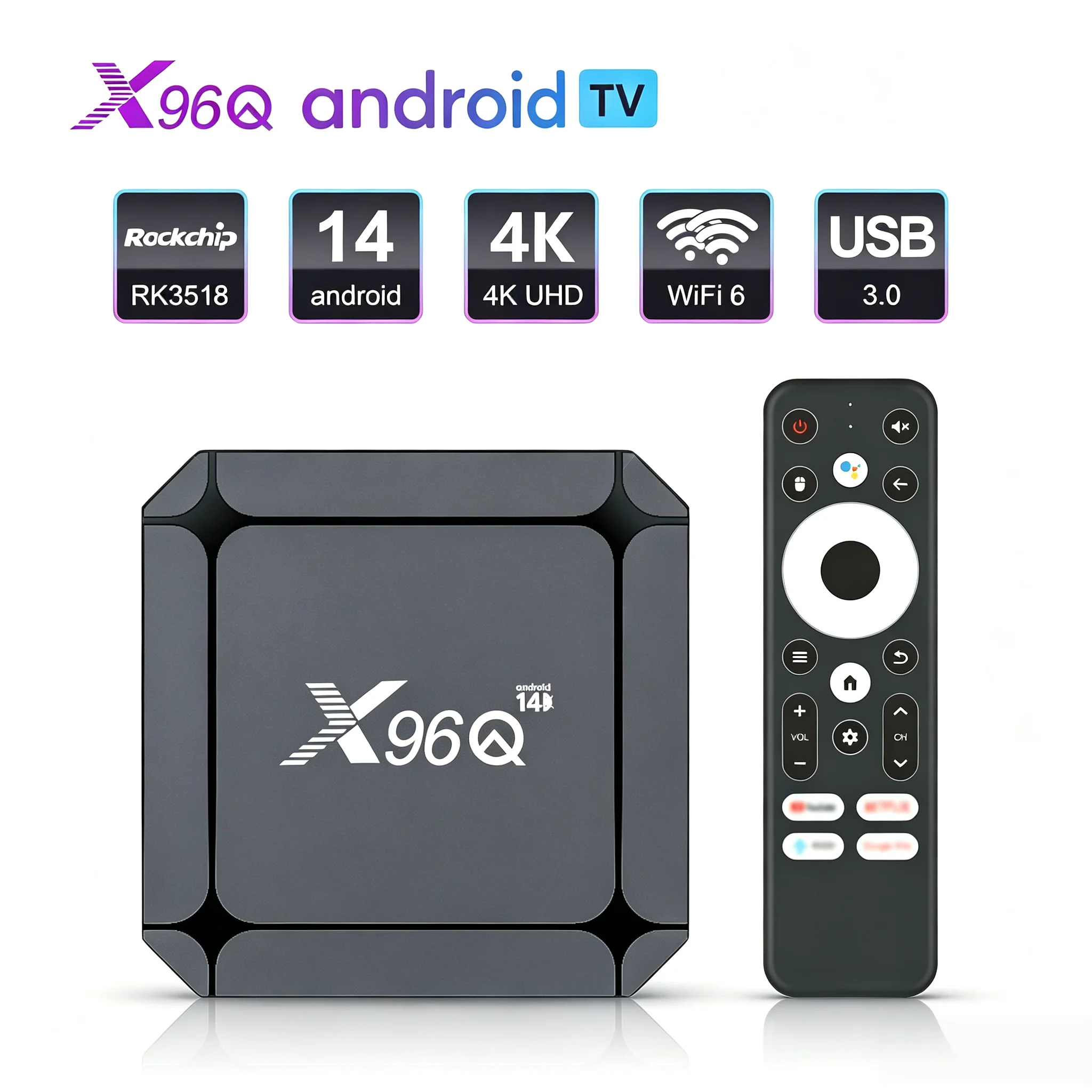 Boîtier TV Android 14 X96Q Rockchip RK3518 4K UHD USB3.0 100M LAN 2GB+16GB Lecteur multimédia intelligent en streaming