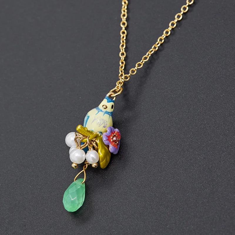 

Boho Cute Fashion Enamel Glaze Purple Flower Blue Tit Bird Pearl Drop Fringe Pendant Necklace Lovely Collarbone Chain for Women