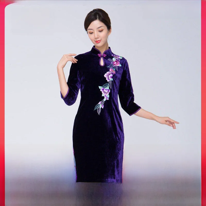 

Ele Silk Velvet Long Sve Embroidered by Tao Yumei for Middle Aged And ly Women Low Slit for Banquet