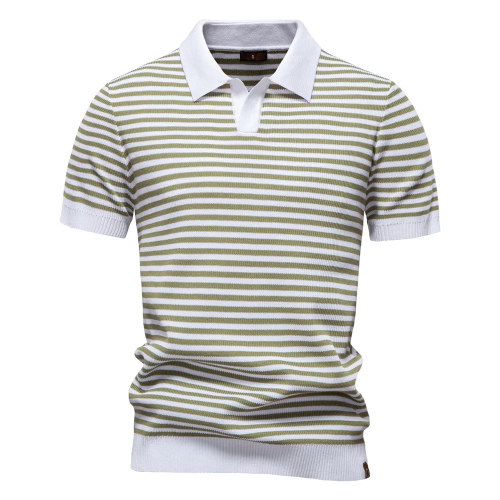 

Men's Short-Sleeved Knitted Shirt Striped Seagull Collar Wool Knitted Undershirt Summer 2025 Cross-Border Fashion New