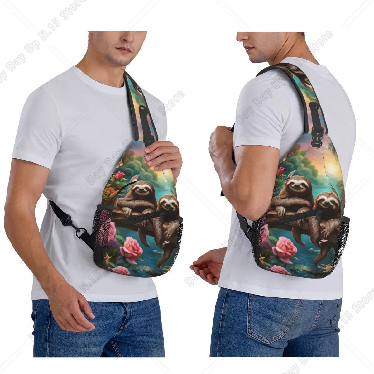 Lovely Sloth Print Chest Bag Men Sling Crossbody Backpack Chest Bag Travel Hiking Daypack Shoulder Bag