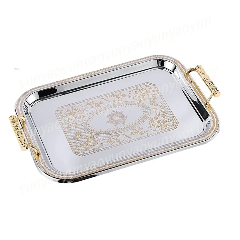 Stainless Steel Serving Tray with Handles Elegant Rectangular Coffee Bar Holder Dessert Display Plate Home Decor