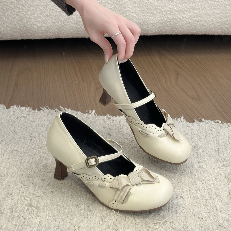 

Женские туфли Мэри Джейн на массивном высоком каблуке с бантом, весна 2026, новые туфли в стиле ретро с одним ремешком