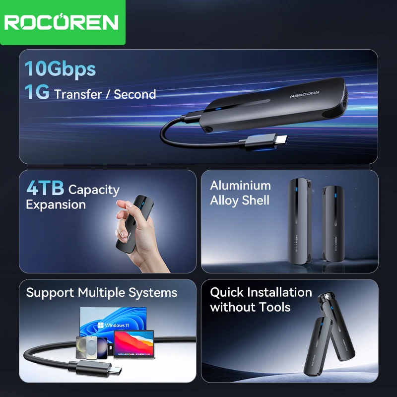 Rocoren M2 SSD Case M.2 NVMe SSD Enclosure Adapter 10Gbps USB 3.1 Gen2 USB C External Enclosure Supports M and B&M Keys