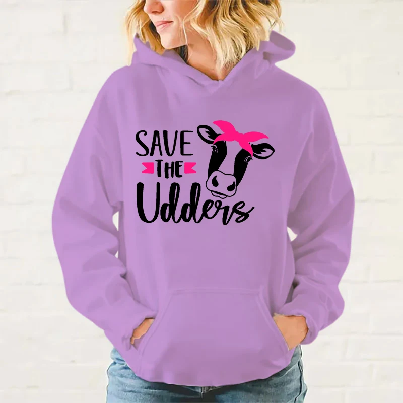 Fashion Unisex Hoodies Breast Cancer Awareness Save The Udders Printed Hooded Seatshirts Streetwear Casual Pullover Tops