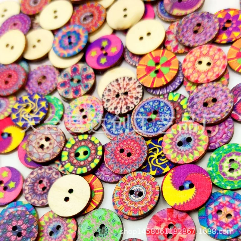 15 mm/20 mm/25 mm Retro-Holzscheibenknöpfe, lackierte, bedruckte Holzknöpfe, 100 Stück pro Packung