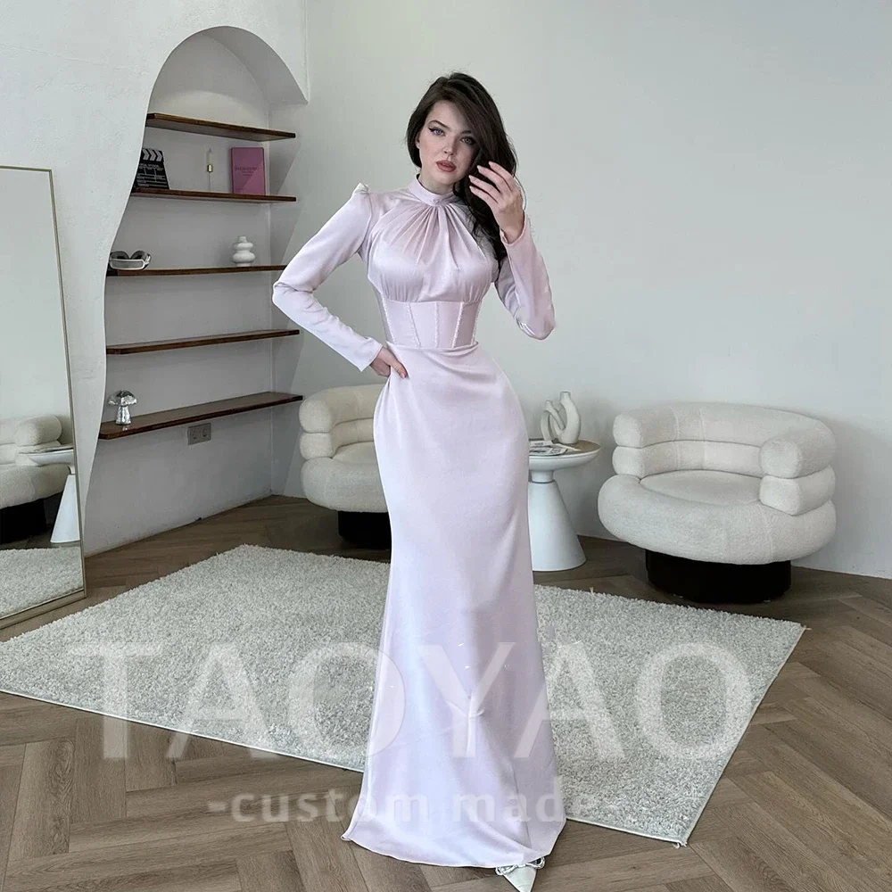 

Pink Satin High Neck Prom Gown Saudi Arab Gala Beading Mermaid A-Line ثوب السهرة Floor-Length Elegant Evening Dresses 2