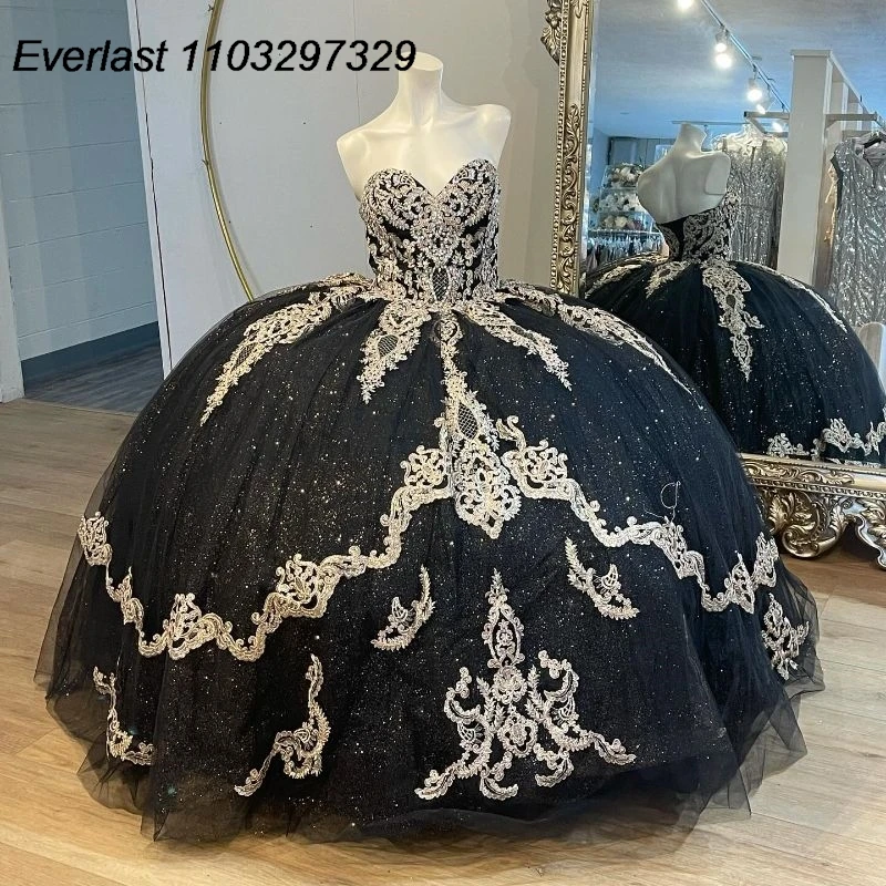 

EVLAST Shiny Black Quinceanera Dress Ball Gown Champagne Lace Applique Beading Corset Tiered Sweet 15 Vestido De 15 Anos TQD585