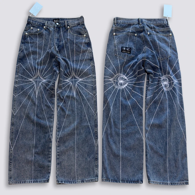 Blue Thug Club Embroidery Spider Web Pattern Jeans Men Women High Quality Vertical Loose Fit Wide Leg Denim Pants Trousers image 3
