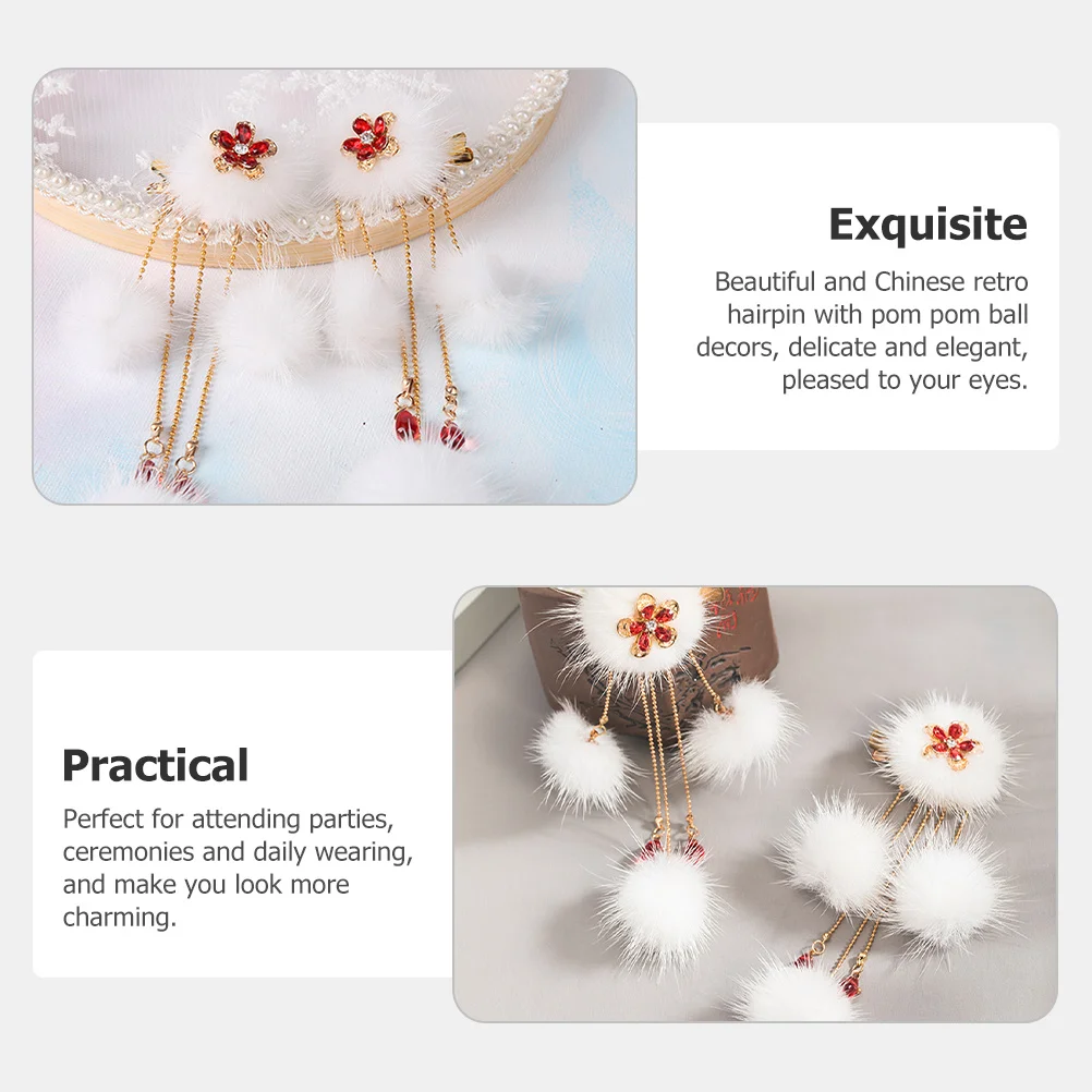 

1Pair Tassel Pom Pom Ball Hairpins Chinese Hanfu Hair Accessories Girls Hair Clips Kids Barrettes Party Hairstyles