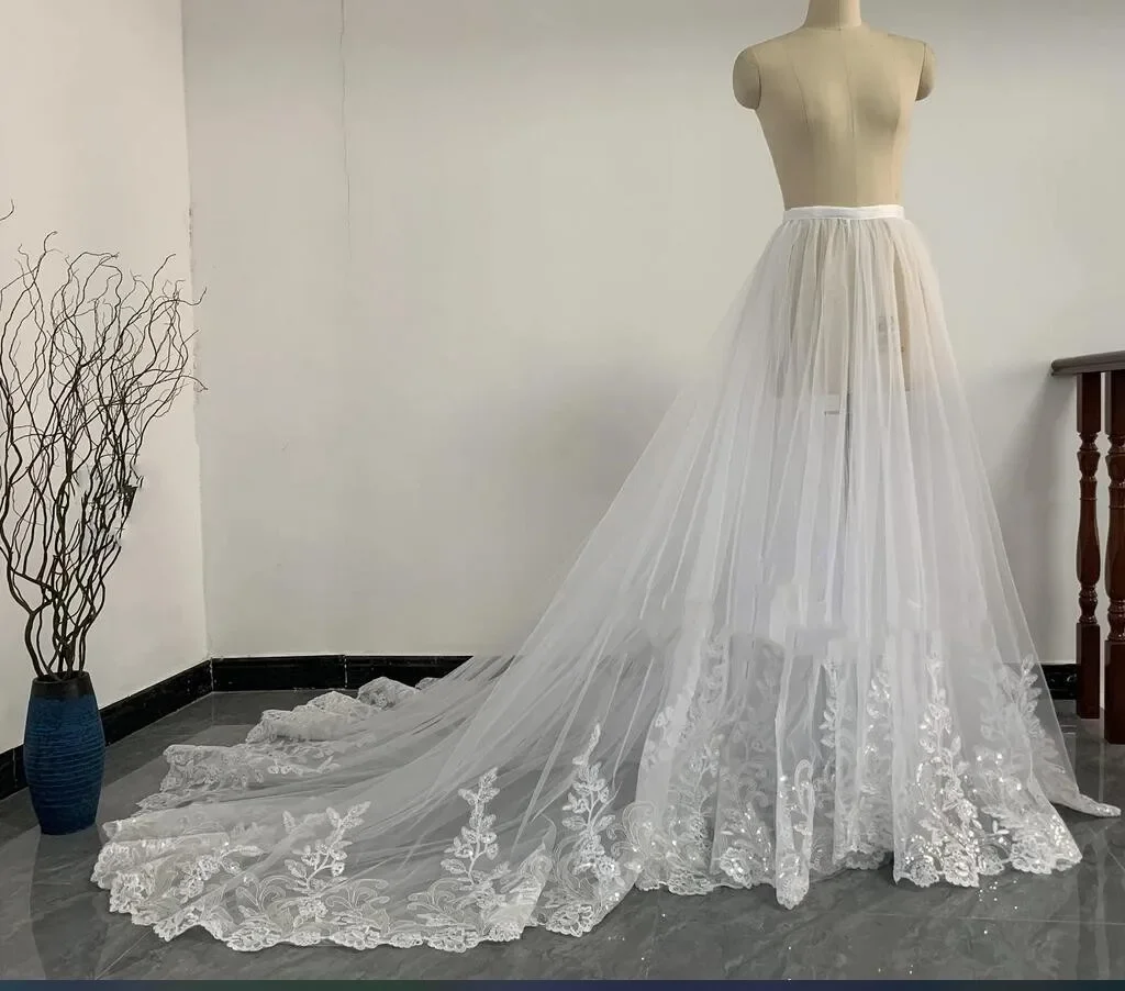 

Wedding Two Tier White Ivory Sequin Lace Trailing Petticoat, Bridal Wedding Dress Detachable Slide Trailing Skirt custom size