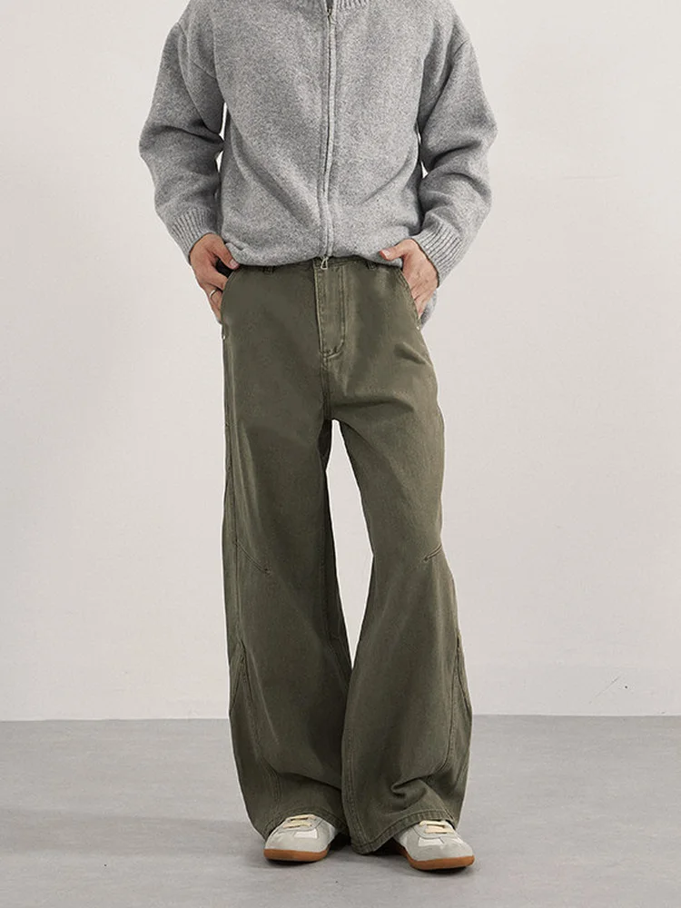 Calças Jeans Retrô Americanas Lavadas Verde Militar de Cintura Alta com Perna Larga e Reta para Homens e Mulheres (Casais)