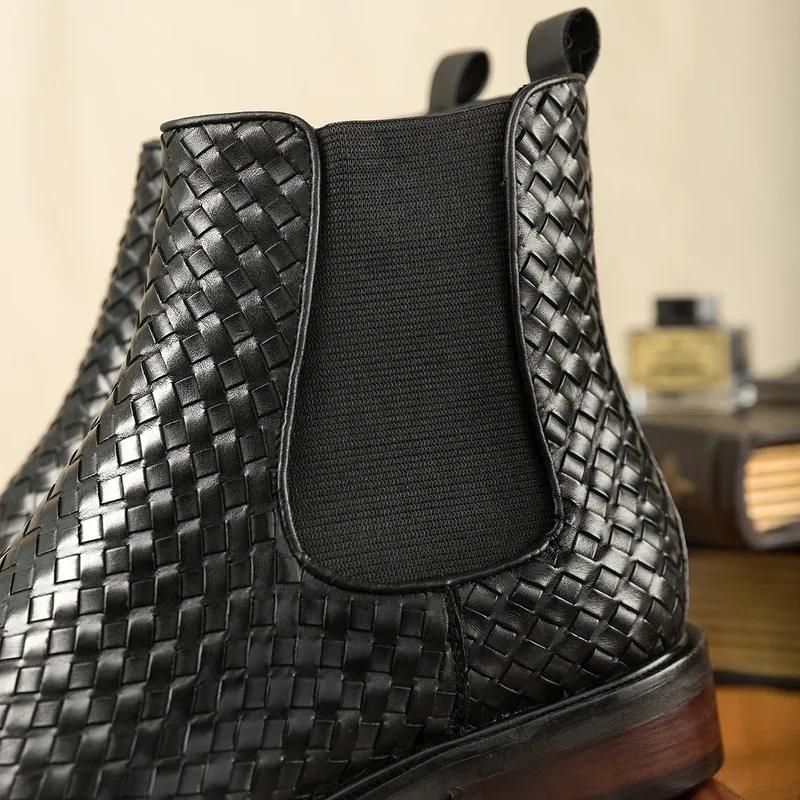 Hanmce black Chelsea boots Spring/ Winter high quality weave pattern genuine leather slip-on elegant luxury ankle boots for men