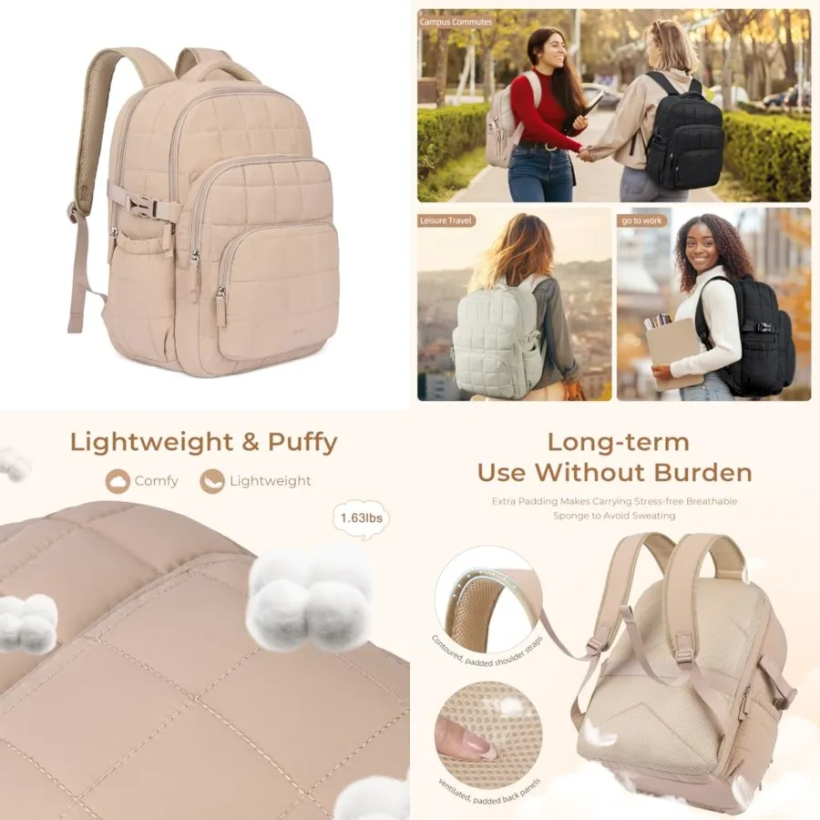 

17.3 Inch Laptop Backpack for Women, Anti Theft Travel Backpack, Puffer Quilted Work Backpack, Water Resistant College Bookbag,